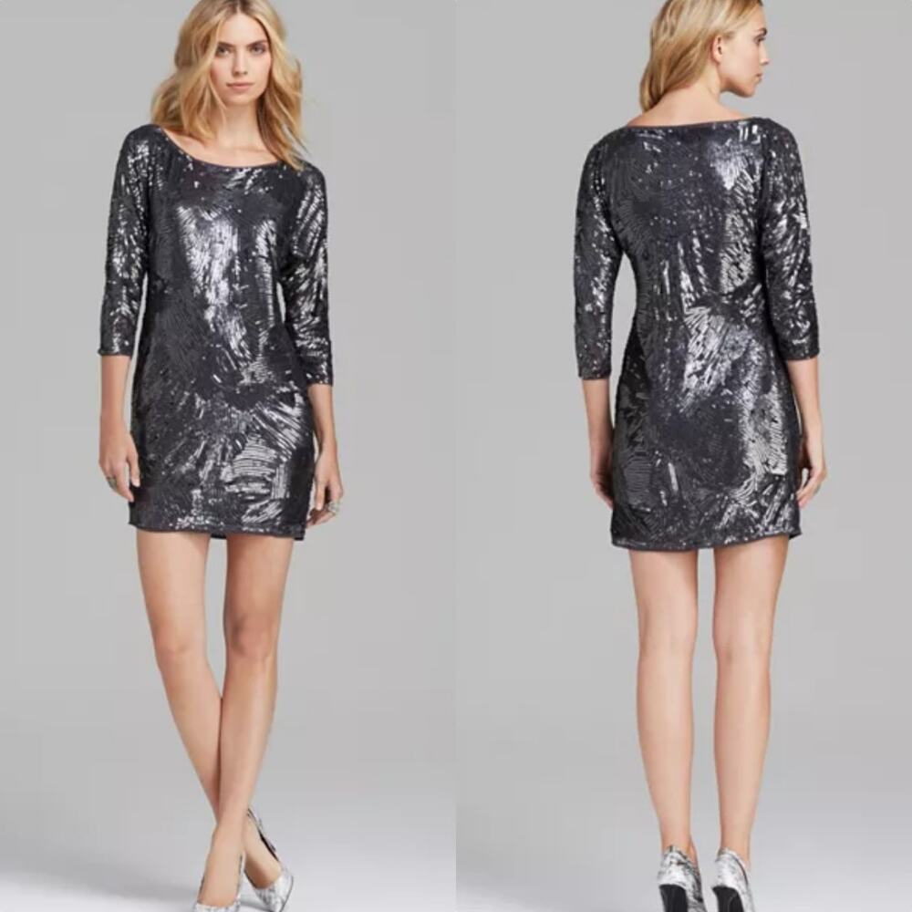 Trina‎ Turk Sz 0 Audra Dark Silver Sequin Georgette Shift Holiday Party Dress